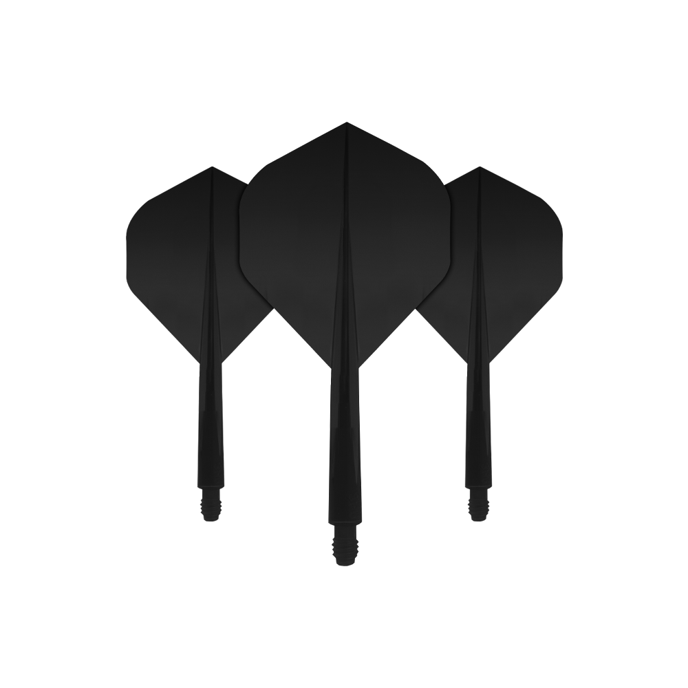 Das Bild zeigt drei schwarze Dartflights mit integriertem Schaft. Es handelt sich um das Produkt "Condor Axe Black Flight-System Standard".